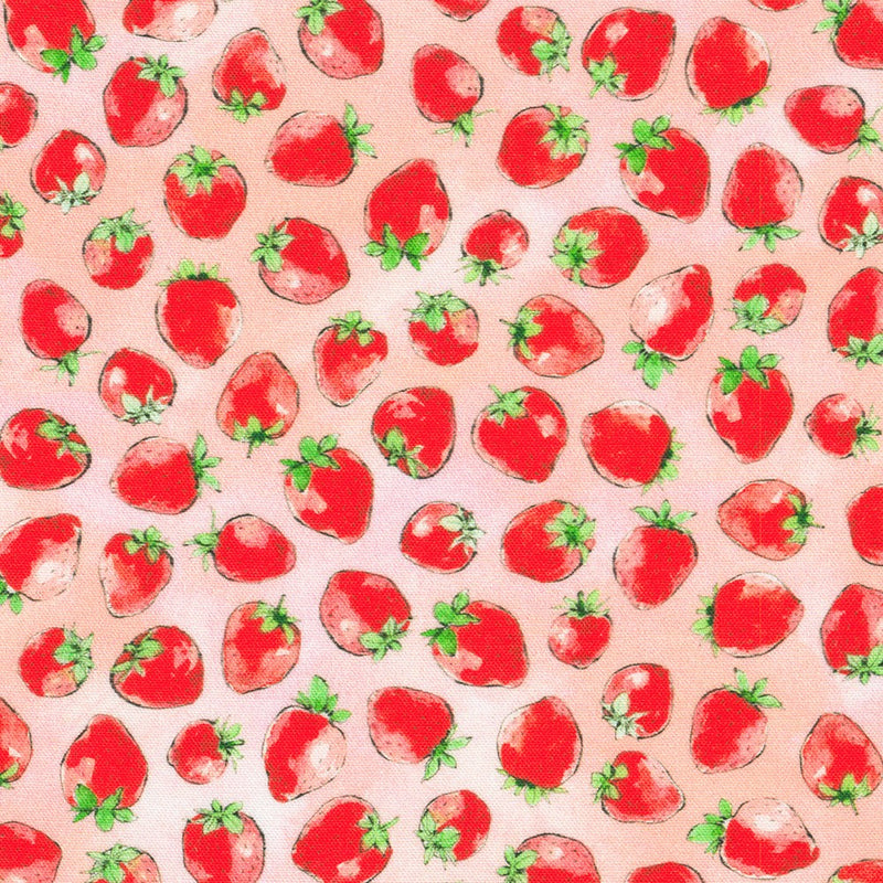 Pattern of red strawberries with green leaves on a pink background