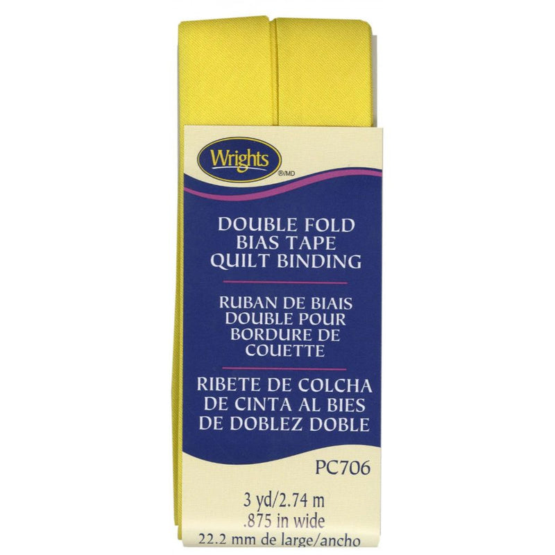 Wrights double fold yellow bias tape quilt binding package on a white background