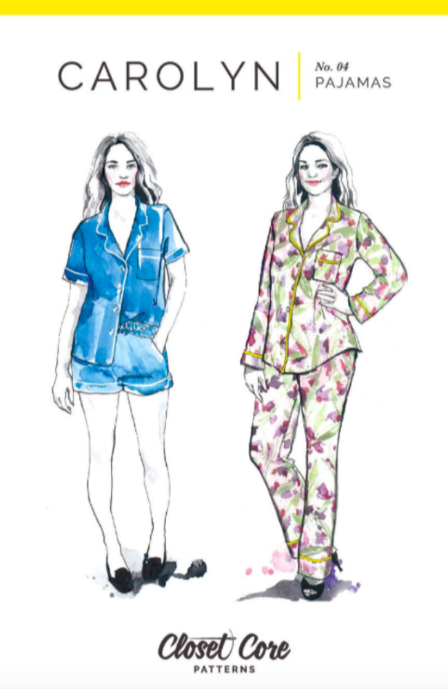 Two illustrations of models wearing different version of the Carolyn Pajama pants and shorts on a white background with Closet Core Patterns branding.