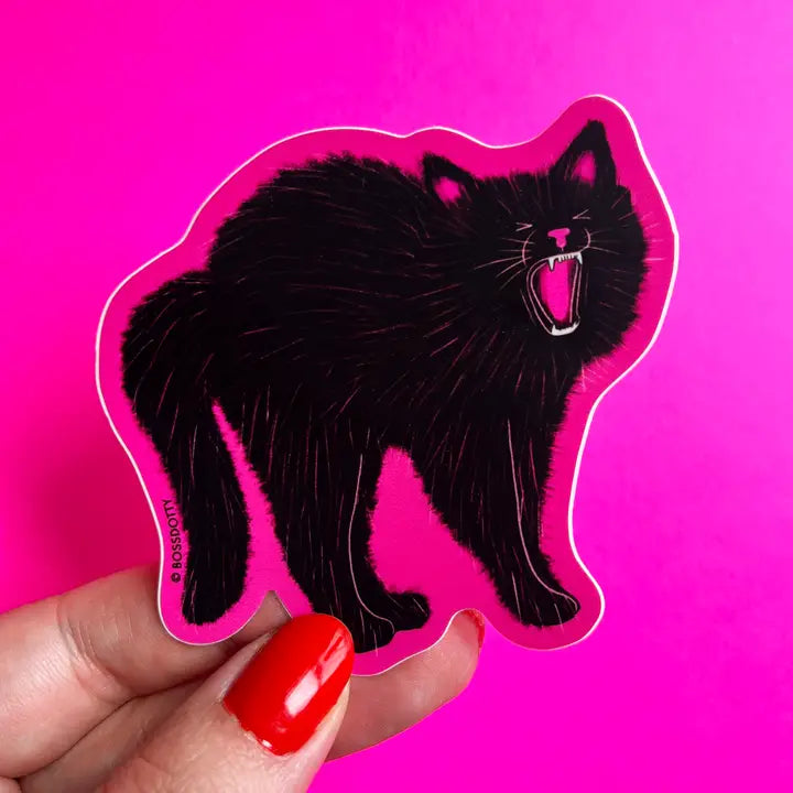Black cat sticker on a pink background