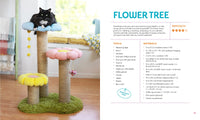 Cat tree with colorful platforms and a cat on top, next to a DIY guide for creating a similar flower tree.