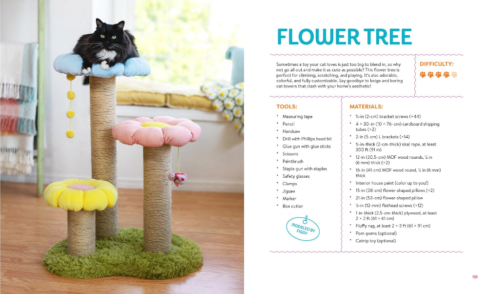Cat tree with colorful platforms and a cat on top, next to a DIY guide for creating a similar flower tree.