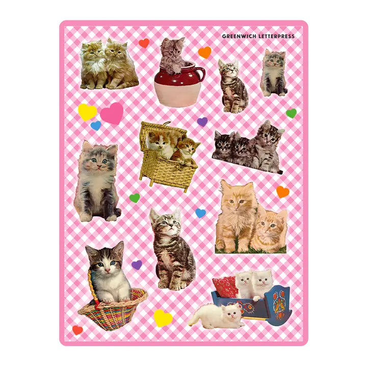Sticker sheet with various cats on a pink checkered background, featuring the brand 'Greenwich Letterpress'.
