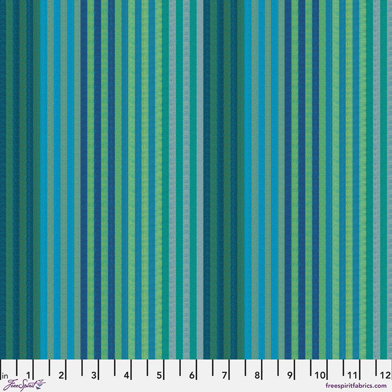 Close-up of fabric with multicolor stripes in shades of blue and green.