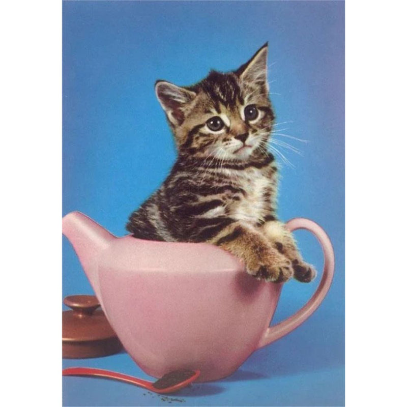 Kitten sitting inside a pink teapot against a blue background