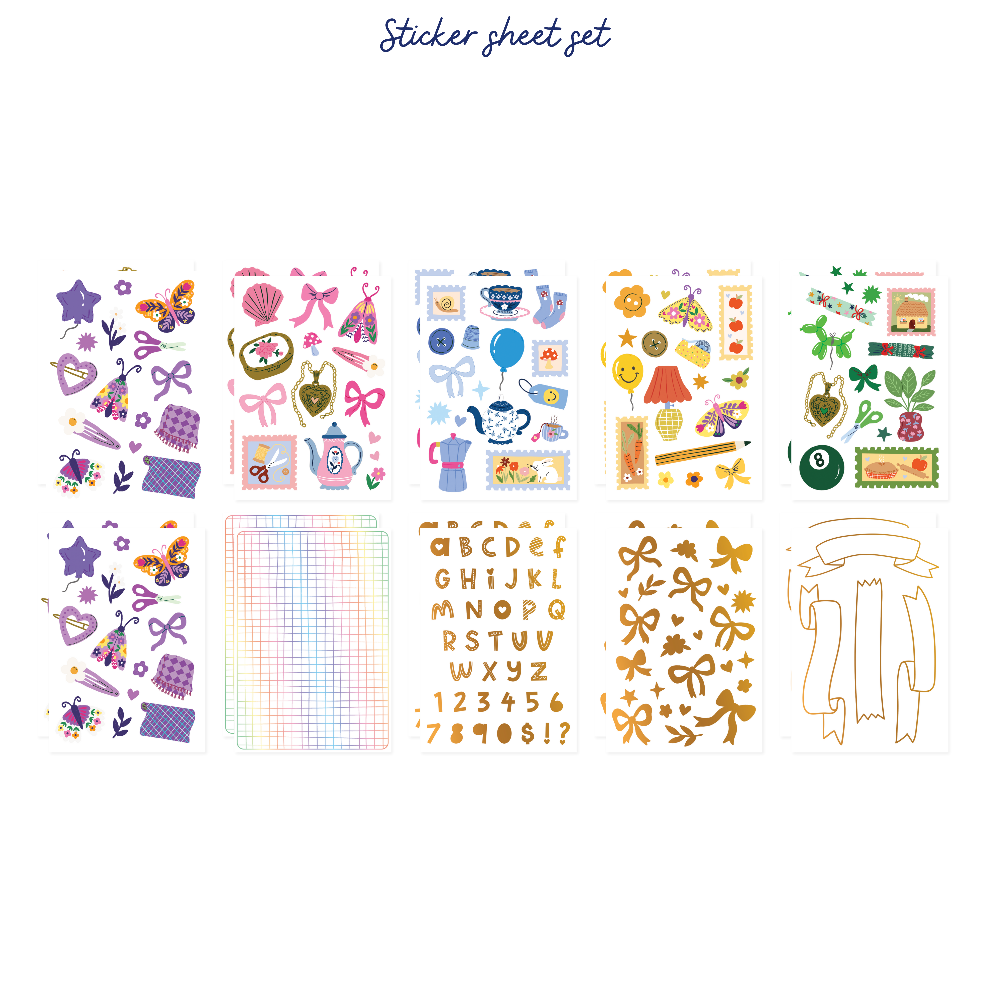 Sticker sheet set with various designs on a white background