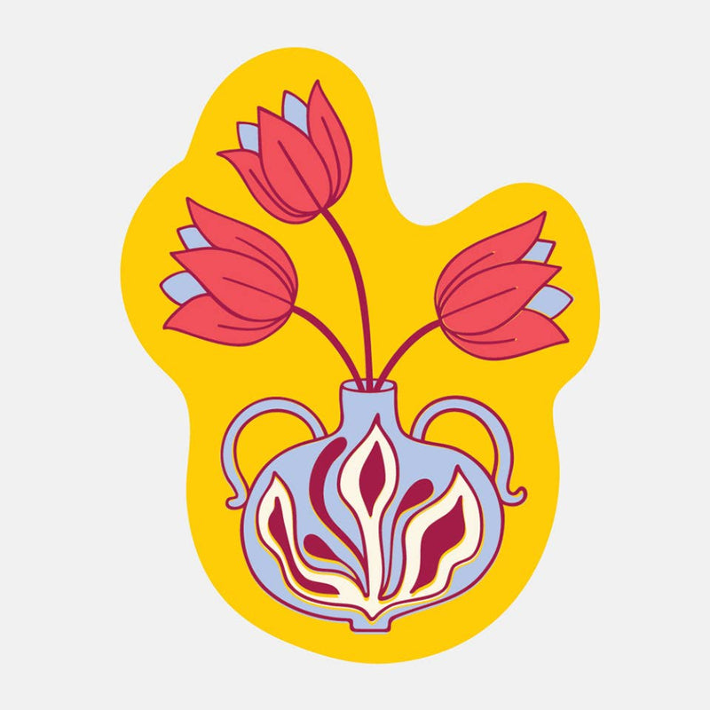 Decorative design of a vase with red flowers on a yellow background