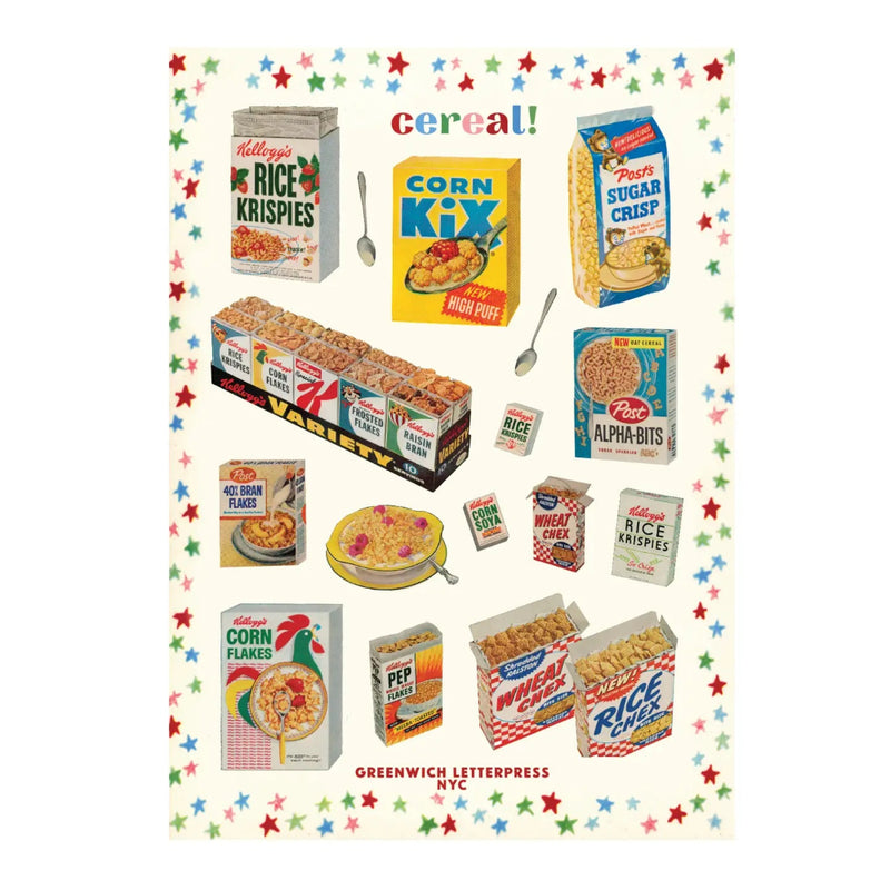 Collection of vintage cereal boxes arranged in a decorative border with stars.