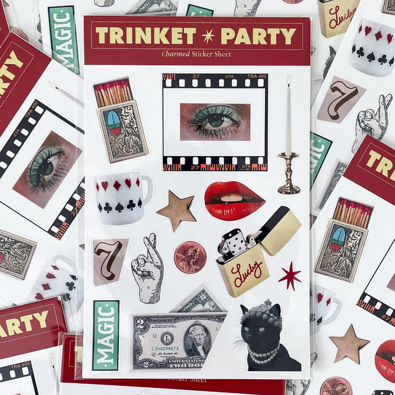 Trinket Party sticker sheet with various designs on a white background