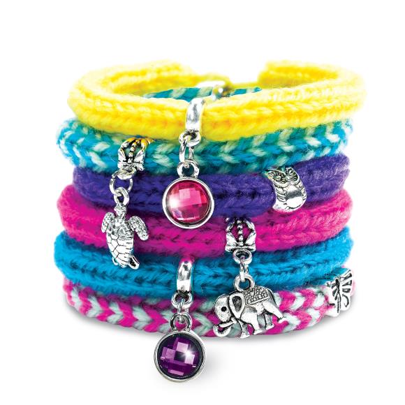 Stack of knitted charm bracelets in various colors