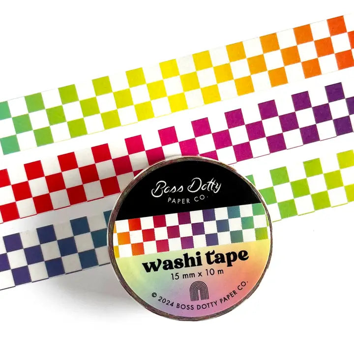Washi tape with colorful checkered patterns labeled 'Boss Dotty Paper Co.' on a white background.
