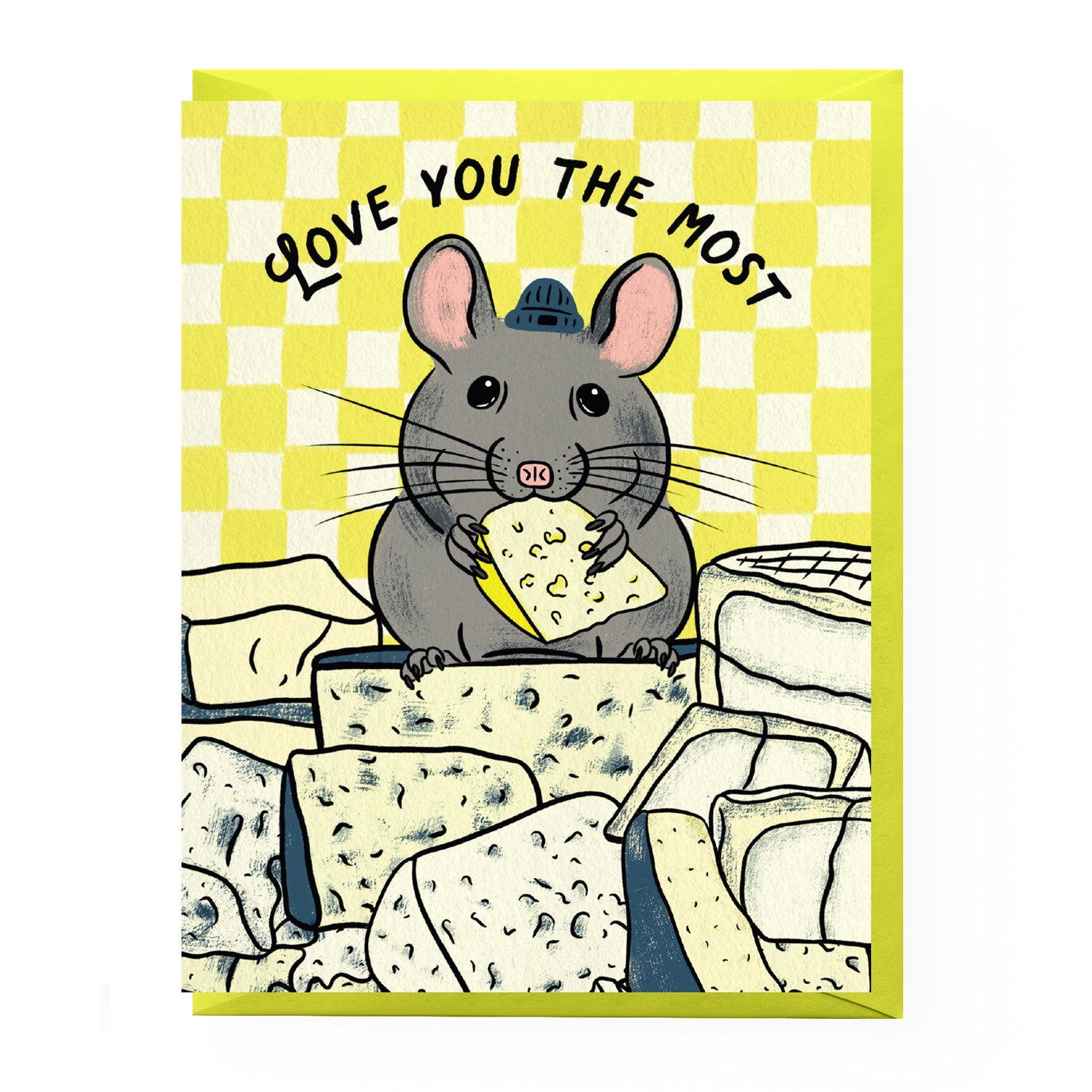 Colorful greeting card featuring an illustration of a gray mouse eating yellow cheese with the text "Love you the most"