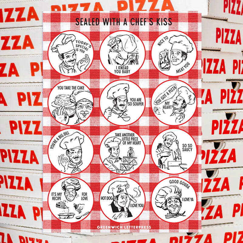 Sheet of pizza-themed stickers with cartoon chefs and text on a red and white checkered background, surrounded by pizza boxes.