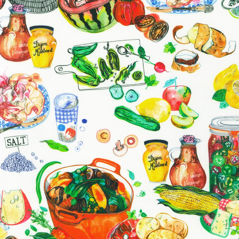 White fabric with all types of food painted on it