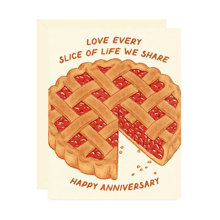 Card with a pie illustration and anniversary message on a beige background