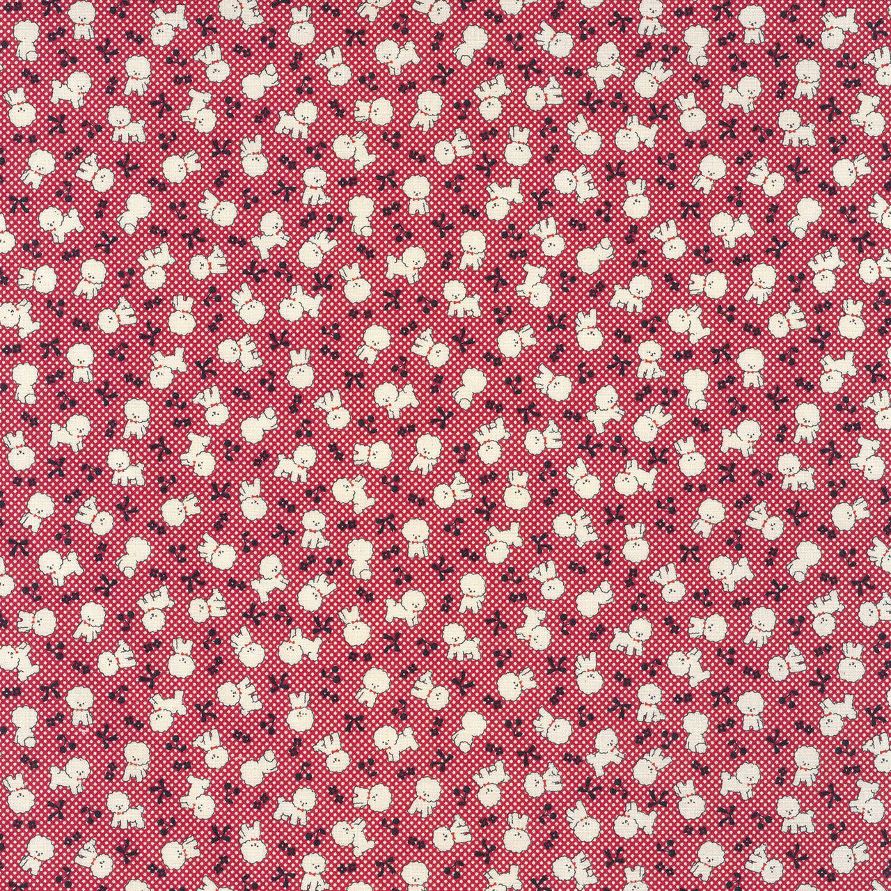 Patterned fabric featuring small white dogs and black bows on a red and white checkered background