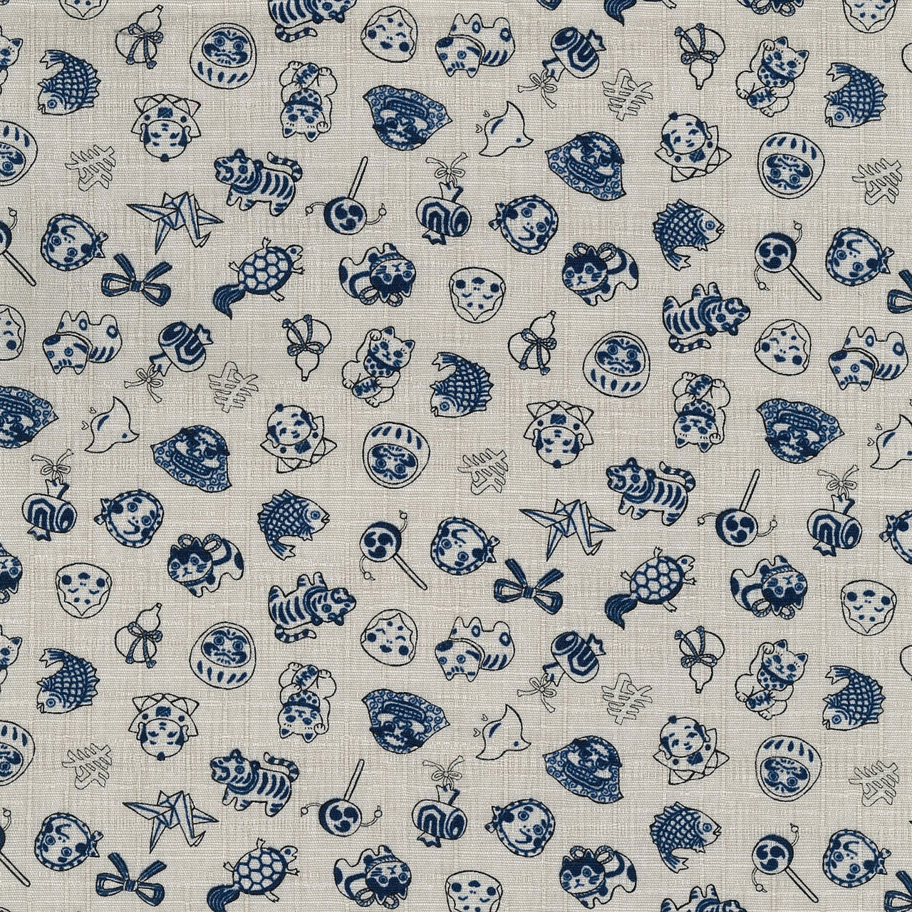 Patterned fabric featuring small images of toys and other objects in blue on a white background