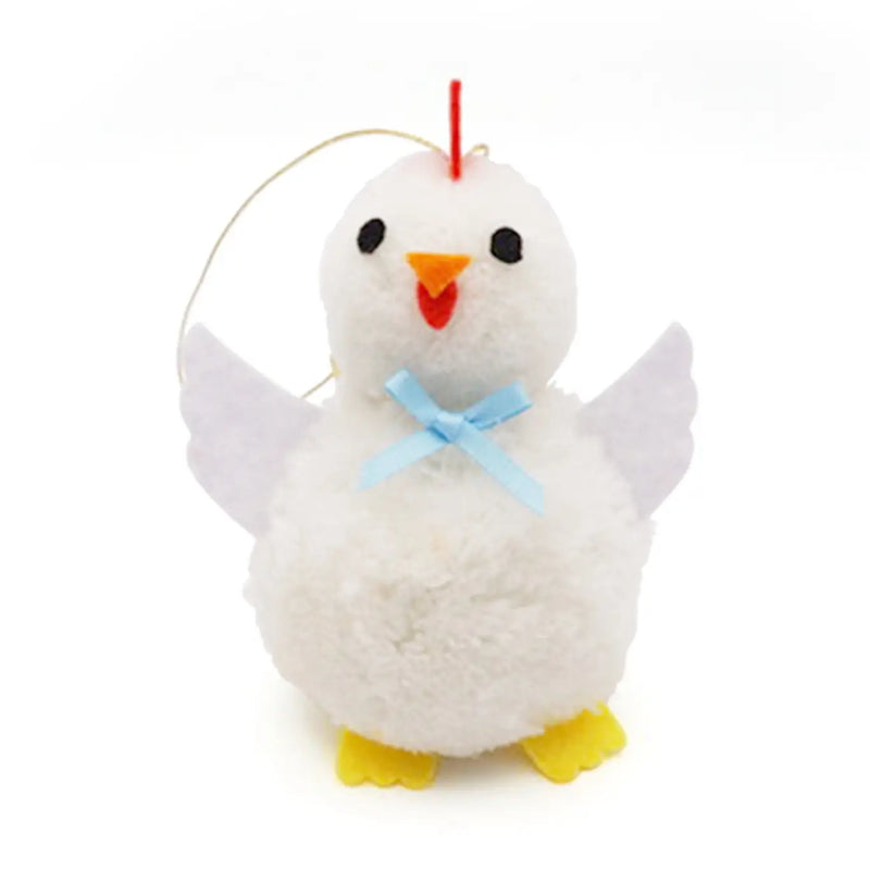 White chicken with a blue bow pom pom ornament on a white background.