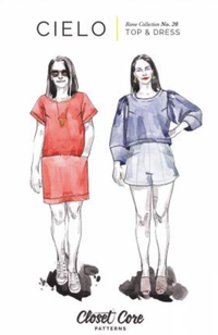 Two watercolors of models wearing the Cielo top and dress, one in red and the other in blue, on a white background with Closet Core branding.