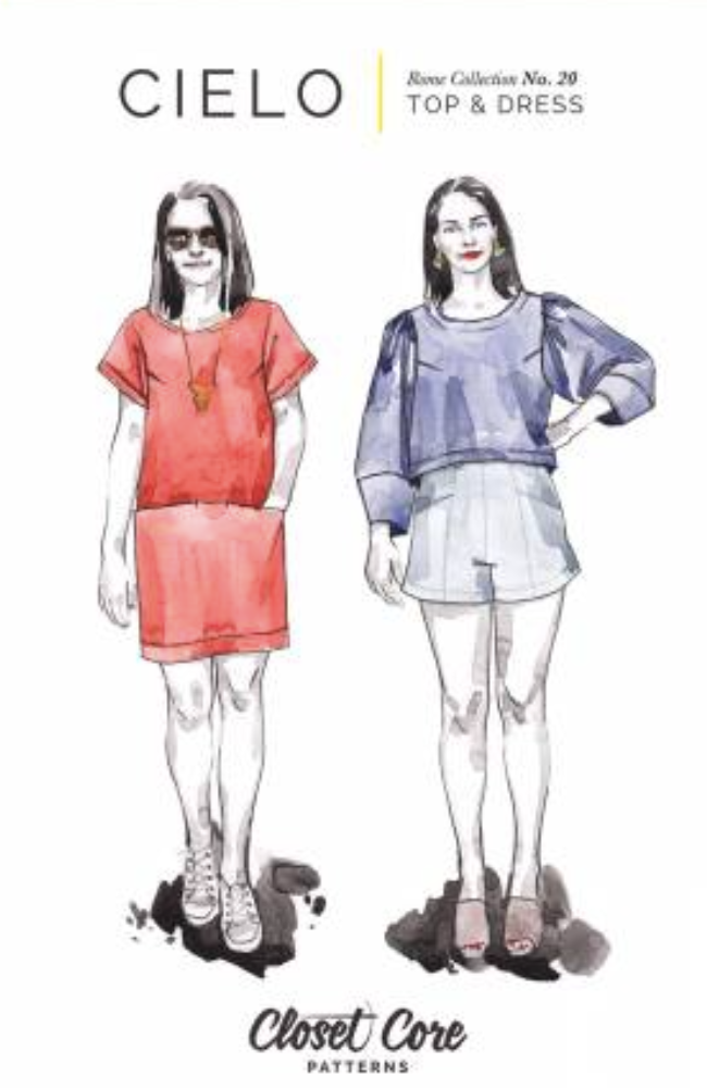 Two watercolors of models wearing the Cielo top and dress, one in red and the other in blue, on a white background with Closet Core branding.
