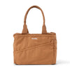 Brown tote bag with 'Soolia' branding on a white background