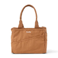 Brown tote bag with 'Soolia' branding on a white background