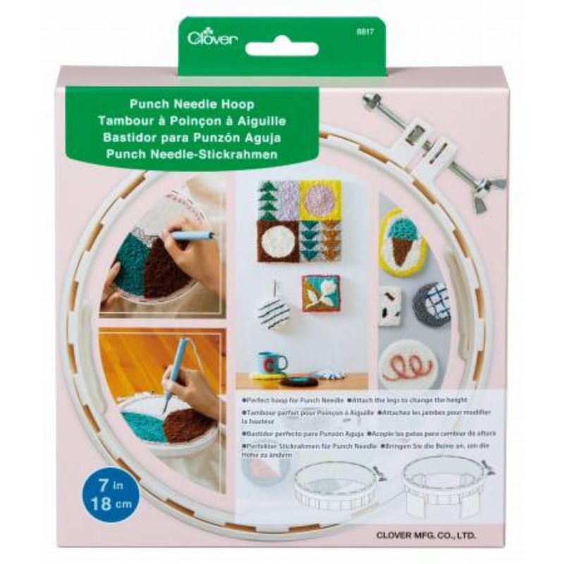 Punch needle hoop packaging with images of use and product details on a white background
