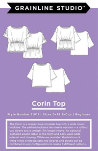 Illustrations of three different tops on a light purple background with Grainline Studio branding at top and text about Corin Top pattern at bottom