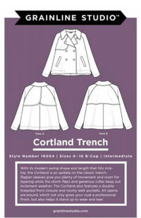 Three line drawings of trench coat on a purple background with Grainline Studio branding and Cortland Trench pattern description.