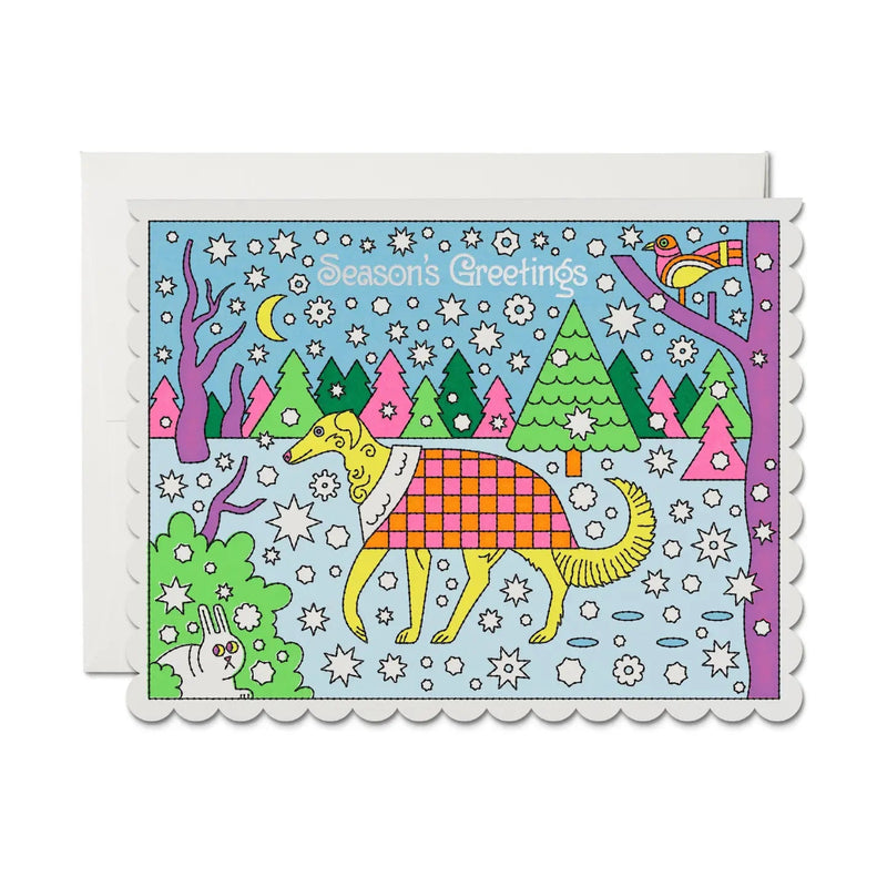 Colorful greeting card with a dog in a winter scene and 'Season's Greetings' text.