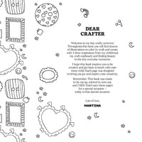 A black and white coloring book page titled 'DEAR CRAFTER' with a letter on the right and various line-art illustrations on the left, including hearts, stars, frames, and potted plants.