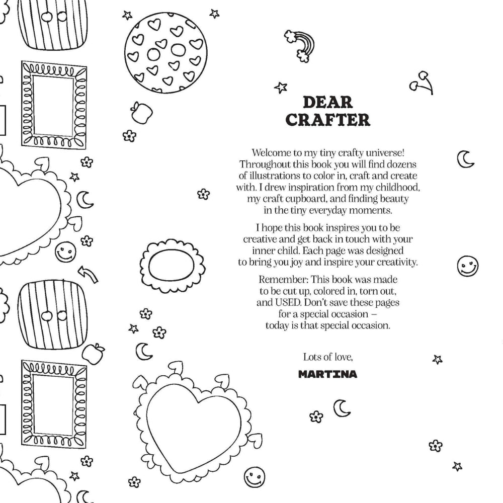 A black and white coloring book page titled 'DEAR CRAFTER' with a letter on the right and various line-art illustrations on the left, including hearts, stars, frames, and potted plants.