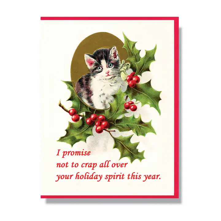 Christmas card with a cat and holly design, featuring text.