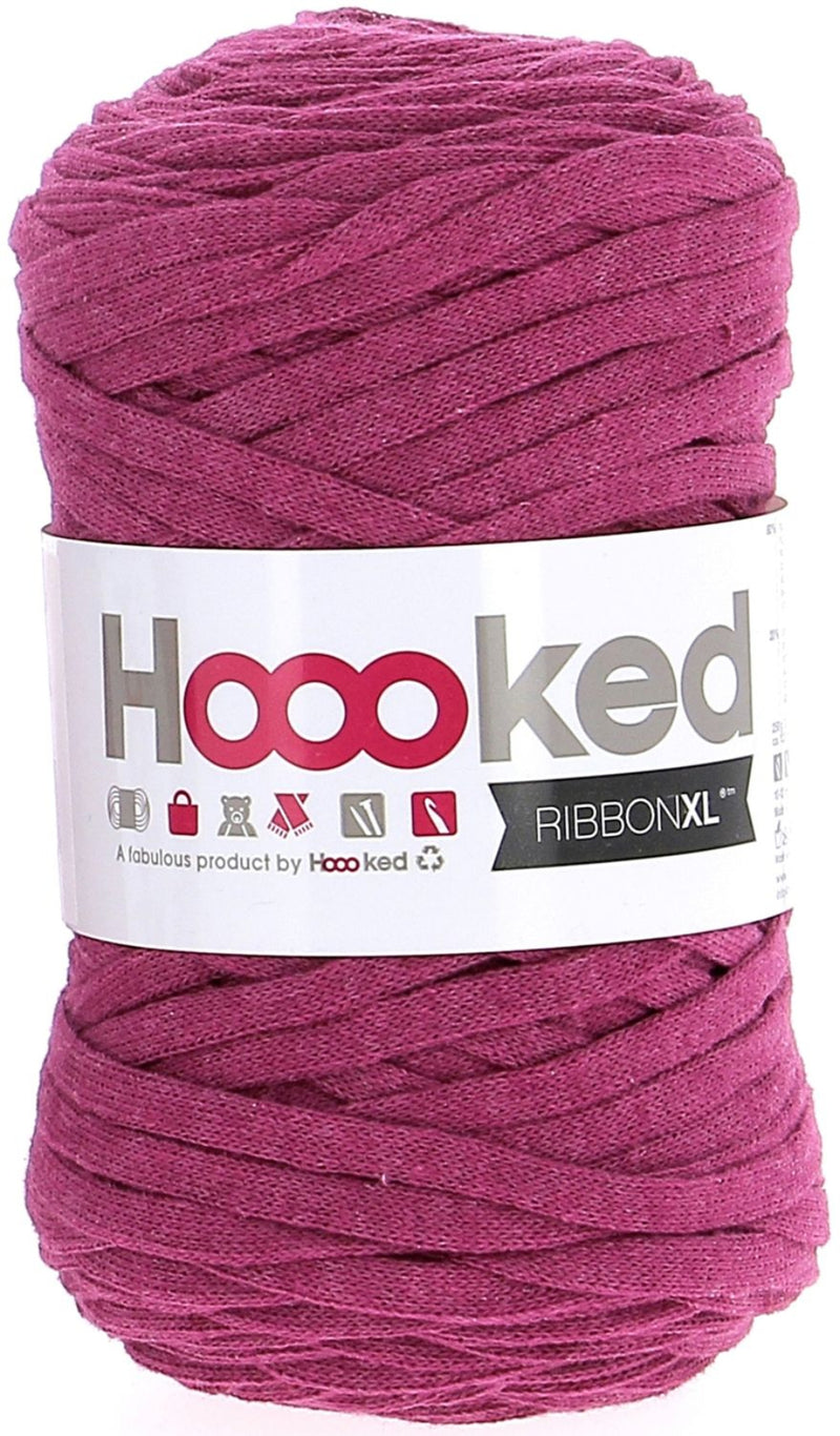 Ball of plum yarn with 'Hoooked' label on a white background