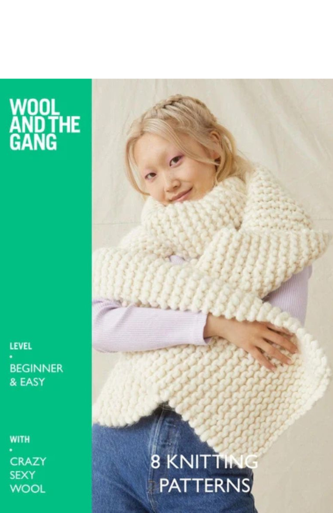Book cover of "Wool and the Gang" featuring a blonde woman in a very large cream knit scarf.