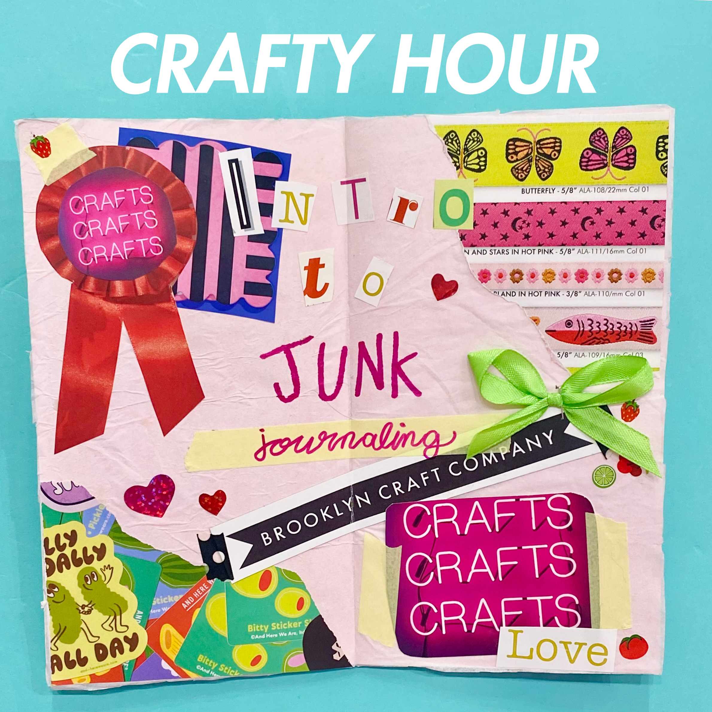 junk journal with colorful text and graphics on a blue background