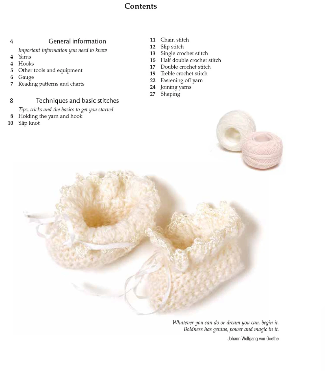 Crocheted items and text on a white background