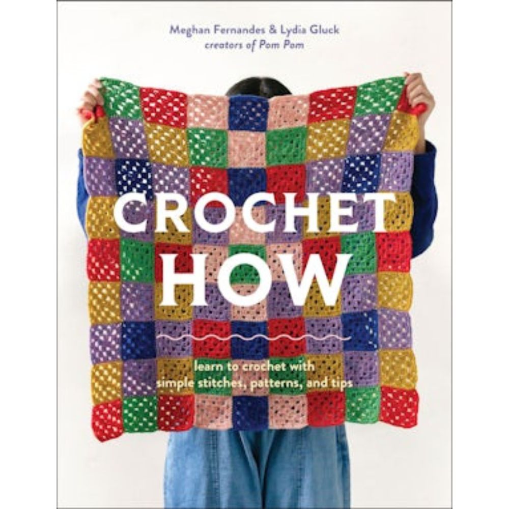 Book cover of 'Crochet How' with a colorful crocheted blanket held by a person.