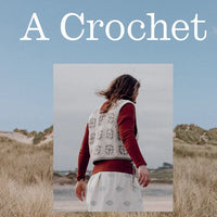 Book cover featuring a photo of a person wearing a crochet vest superimposed on a photo of a sand dune with the words "A Crochet" at the top of the image.