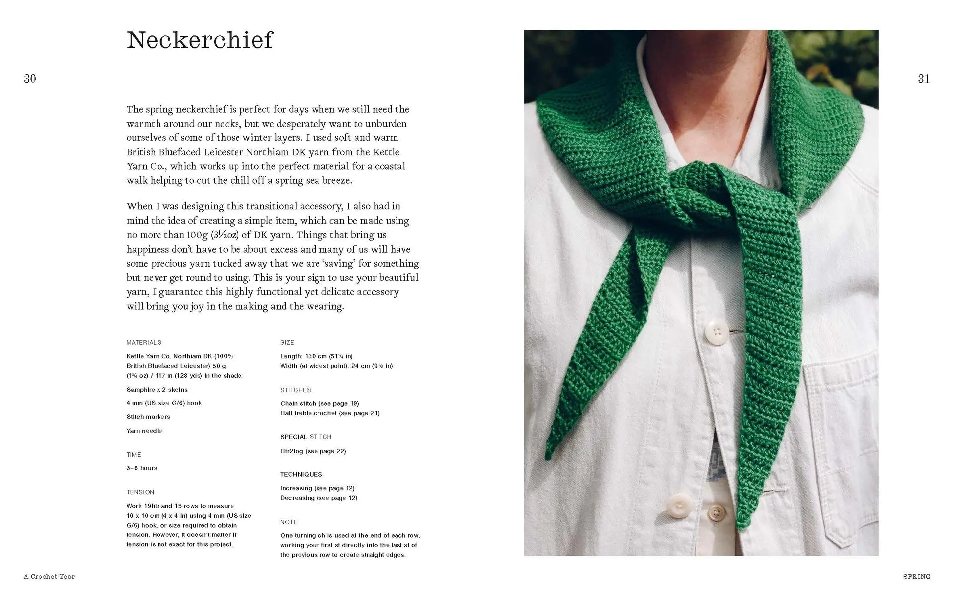 Green crocheted neckerchief worn by a person with pattern text on the left side.