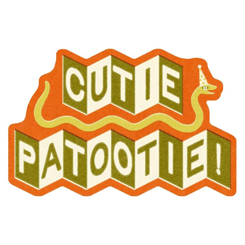 Vintage-style 'Cutie Patootie!' logo with a snake design on a white background