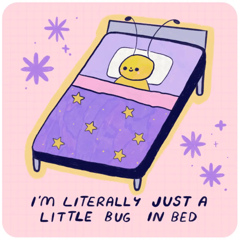 Bug in a purple bed  on a pink background