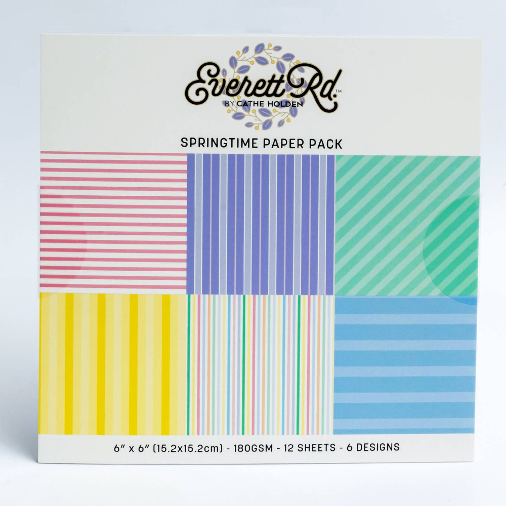 Paper packaging reading "springtime paper pack" with a variety of striped patterns.