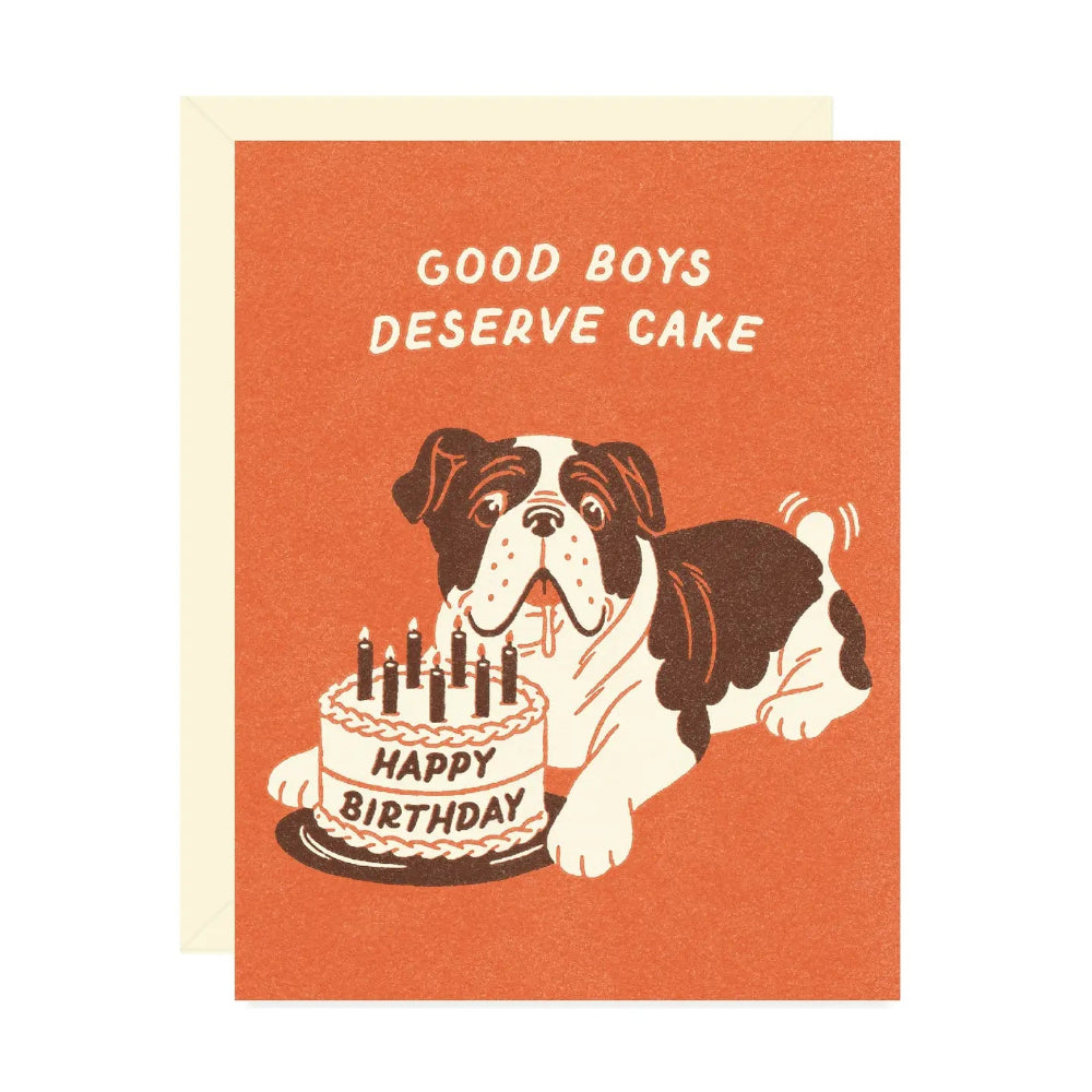 Bulldog and cake on an orange card with a white background