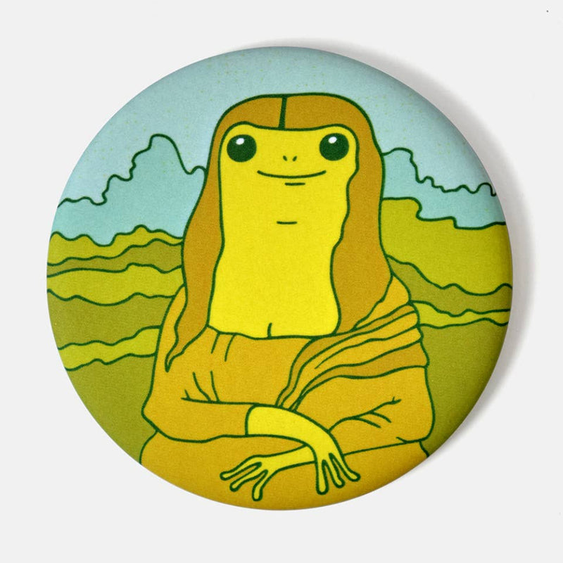 Circular artwork of a stylized Mona Lisa with a greenish hue on a light blue background.