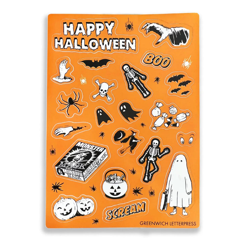 An orange Halloween-themed sticker sheet from Greenwich Letterpress featuring various spooky illustrations including ghosts, skeletons, bats, pumpkins, a witch, a spider, and the words 'Happy Halloween', 'Boo', and 'Scream'.
