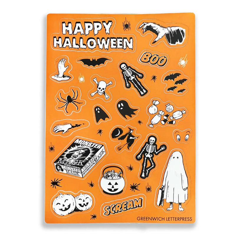 An orange Halloween-themed sticker sheet from Greenwich Letterpress featuring various spooky illustrations including ghosts, skeletons, bats, pumpkins, a witch, a spider, and the words 'Happy Halloween', 'Boo', and 'Scream'.