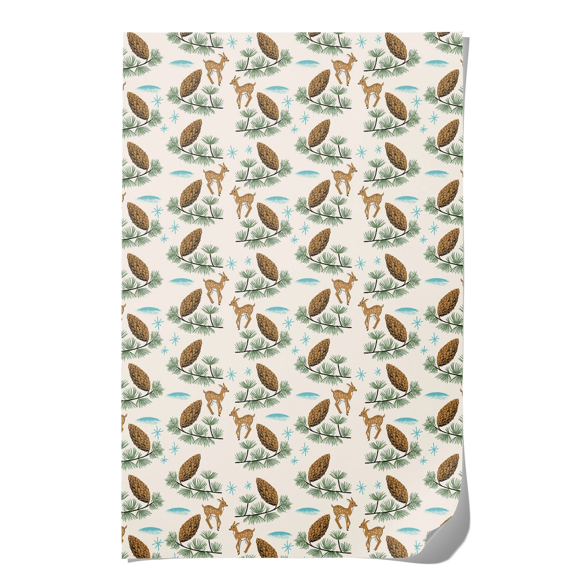 Patterned paper with deer and pine cone design on a white background
