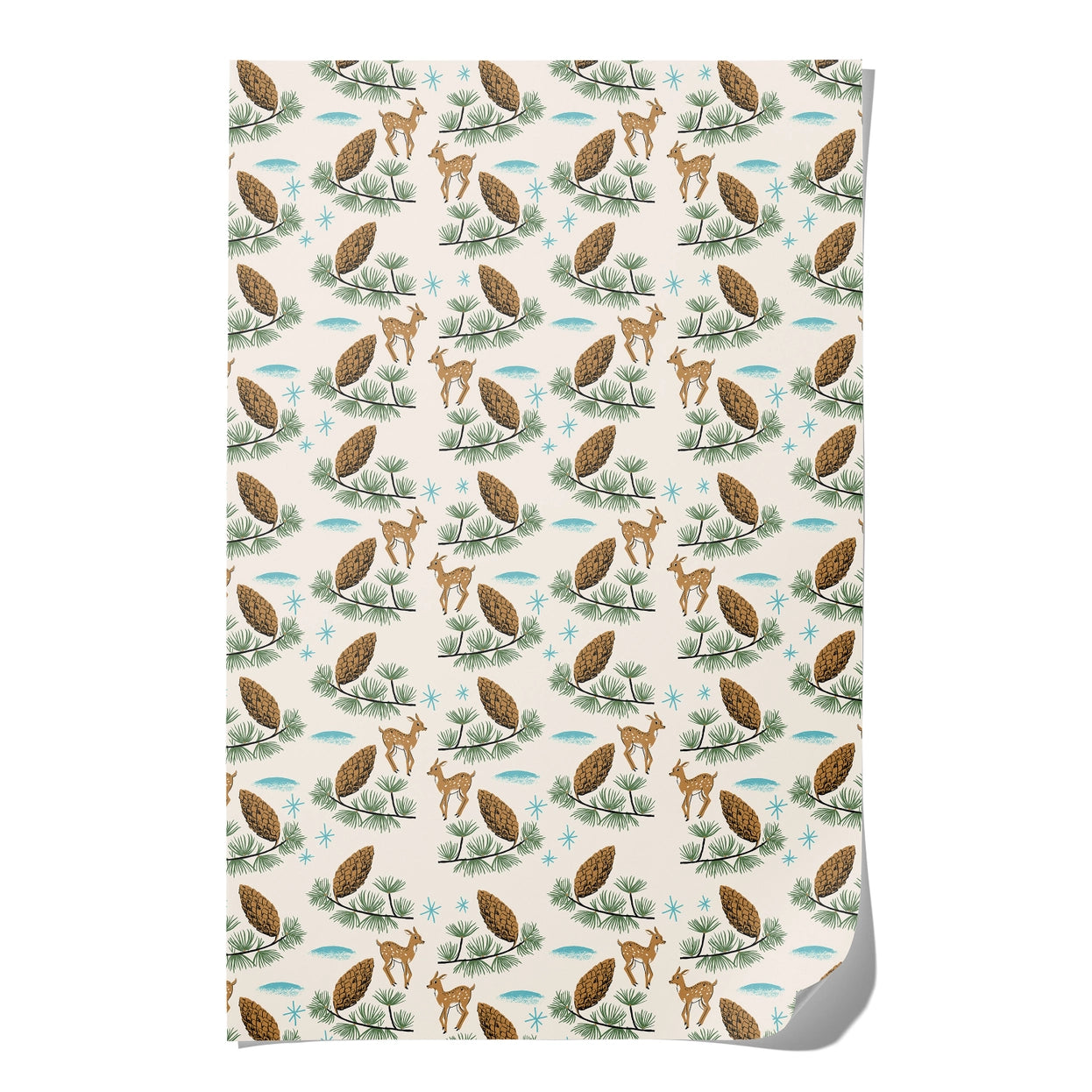 Patterned paper with deer and pine cone design on a white background