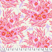 Pink floral and leaf pattern with shadows of sharks in between on a light background with a ruler at the bottom.